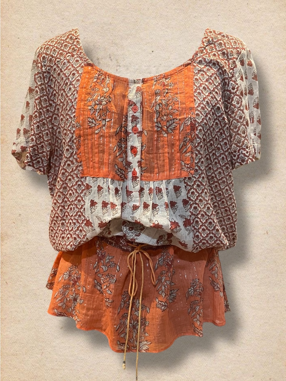 Vintage Rust & Cream Boho Pintuck Blouse